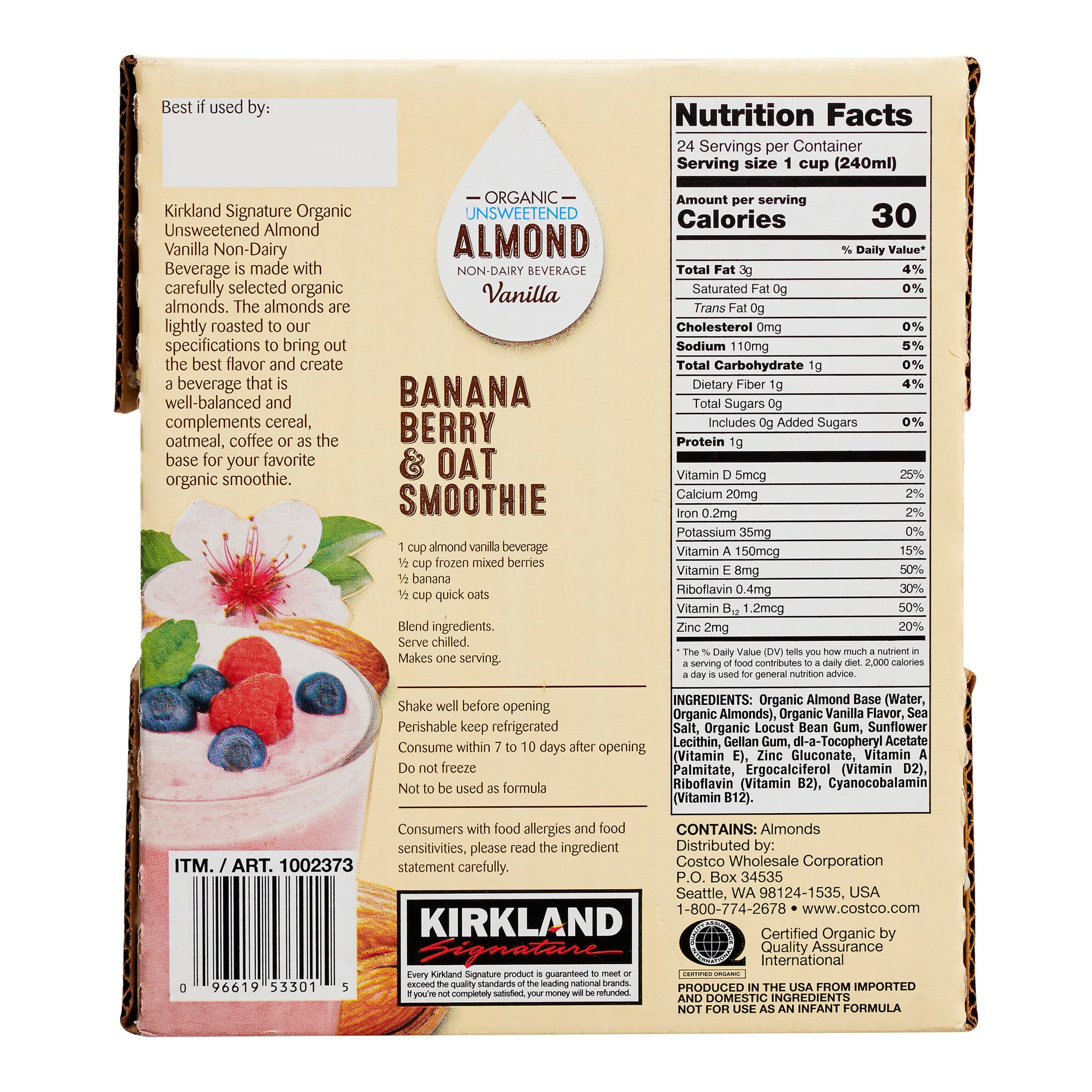 KIRKLAND SIGNATURE ORG ALMOND VANILLA BEVERAGE 6/32 OZ