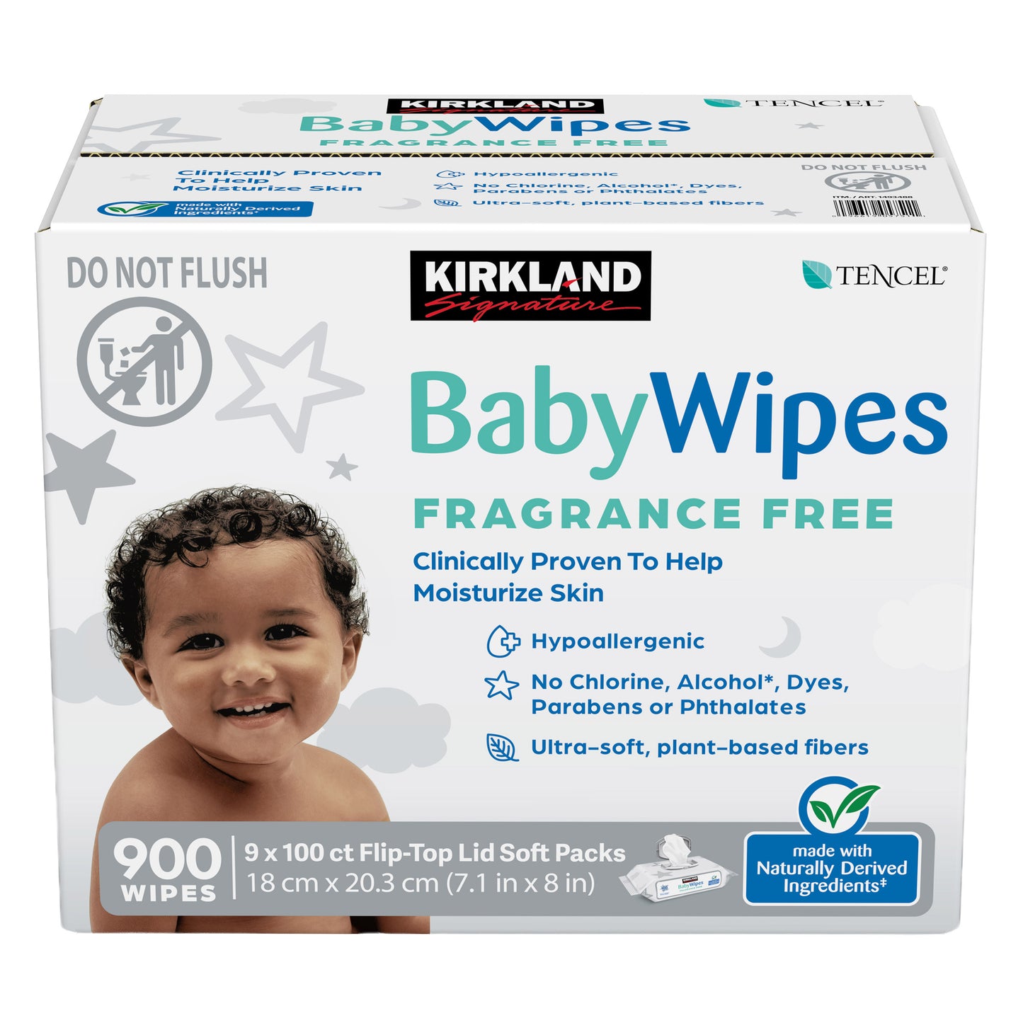 KIRKLAND SIGNATURE FRAGRANCE FREE BABY WIPES, 900CT • 9 FLIPTOP PKS: 100 WIPES • TENCEL FIBER • FRAGRANCE FREE • ECZEMA ASSOC. ACCEPTED • HYPOALLERGENIC • NO PARABENS