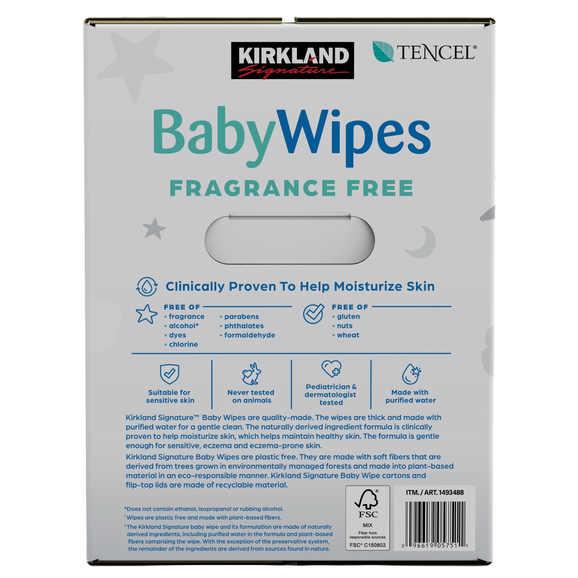 KIRKLAND SIGNATURE FRAGRANCE FREE BABY WIPES, 900CT • 9 FLIPTOP PKS: 100 WIPES • TENCEL FIBER • FRAGRANCE FREE • ECZEMA ASSOC. ACCEPTED • HYPOALLERGENIC • NO PARABENS