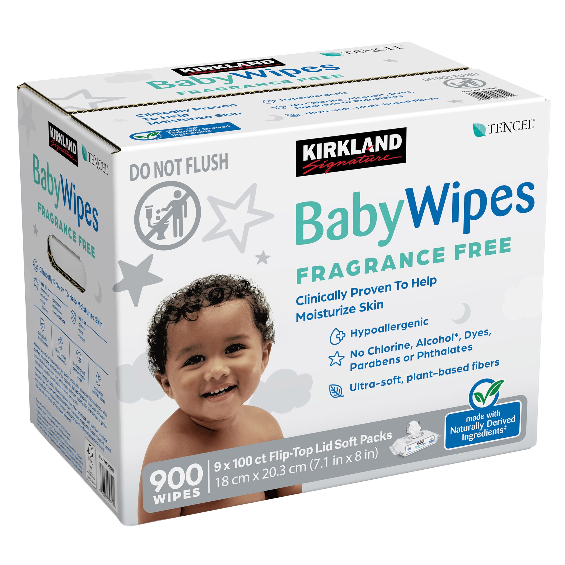 KIRKLAND SIGNATURE FRAGRANCE FREE BABY WIPES, 900CT • 9 FLIPTOP PKS: 100 WIPES • TENCEL FIBER • FRAGRANCE FREE • ECZEMA ASSOC. ACCEPTED • HYPOALLERGENIC • NO PARABENS