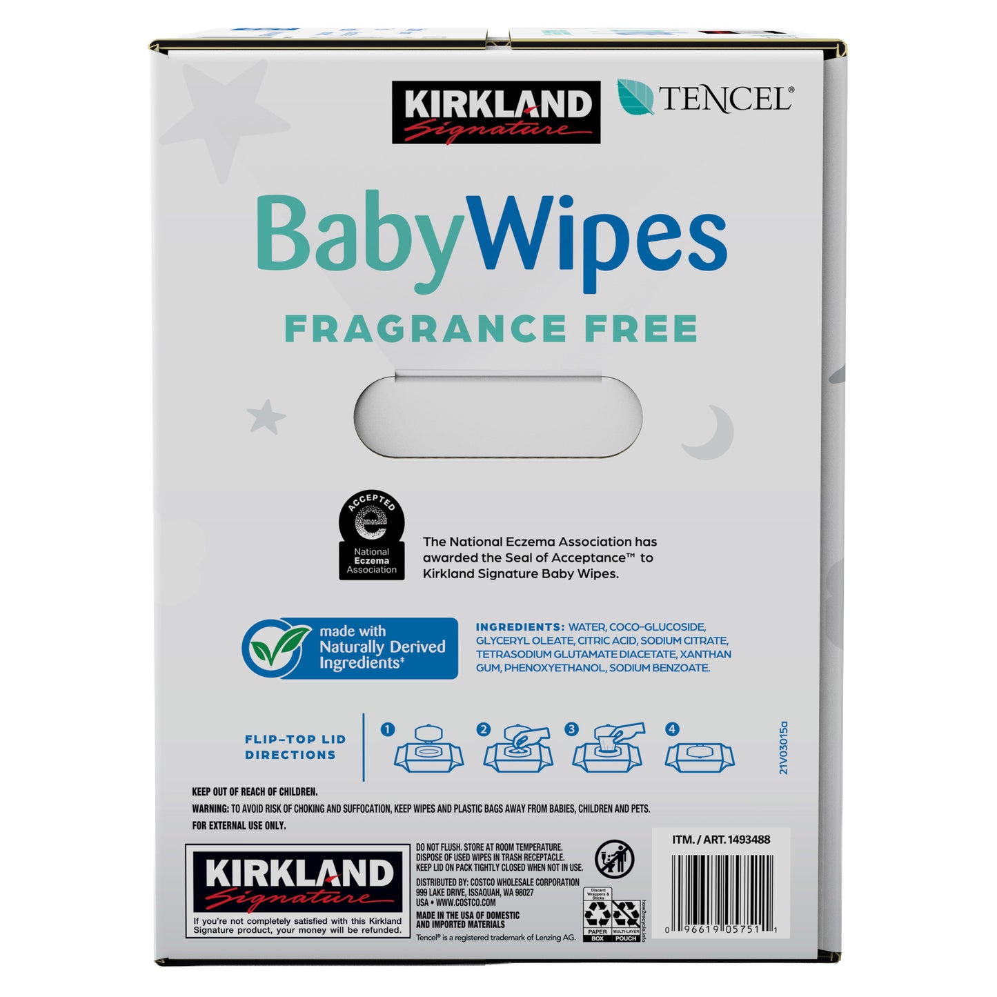 KIRKLAND SIGNATURE FRAGRANCE FREE BABY WIPES, 900CT • 9 FLIPTOP PKS: 100 WIPES • TENCEL FIBER • FRAGRANCE FREE • ECZEMA ASSOC. ACCEPTED • HYPOALLERGENIC • NO PARABENS