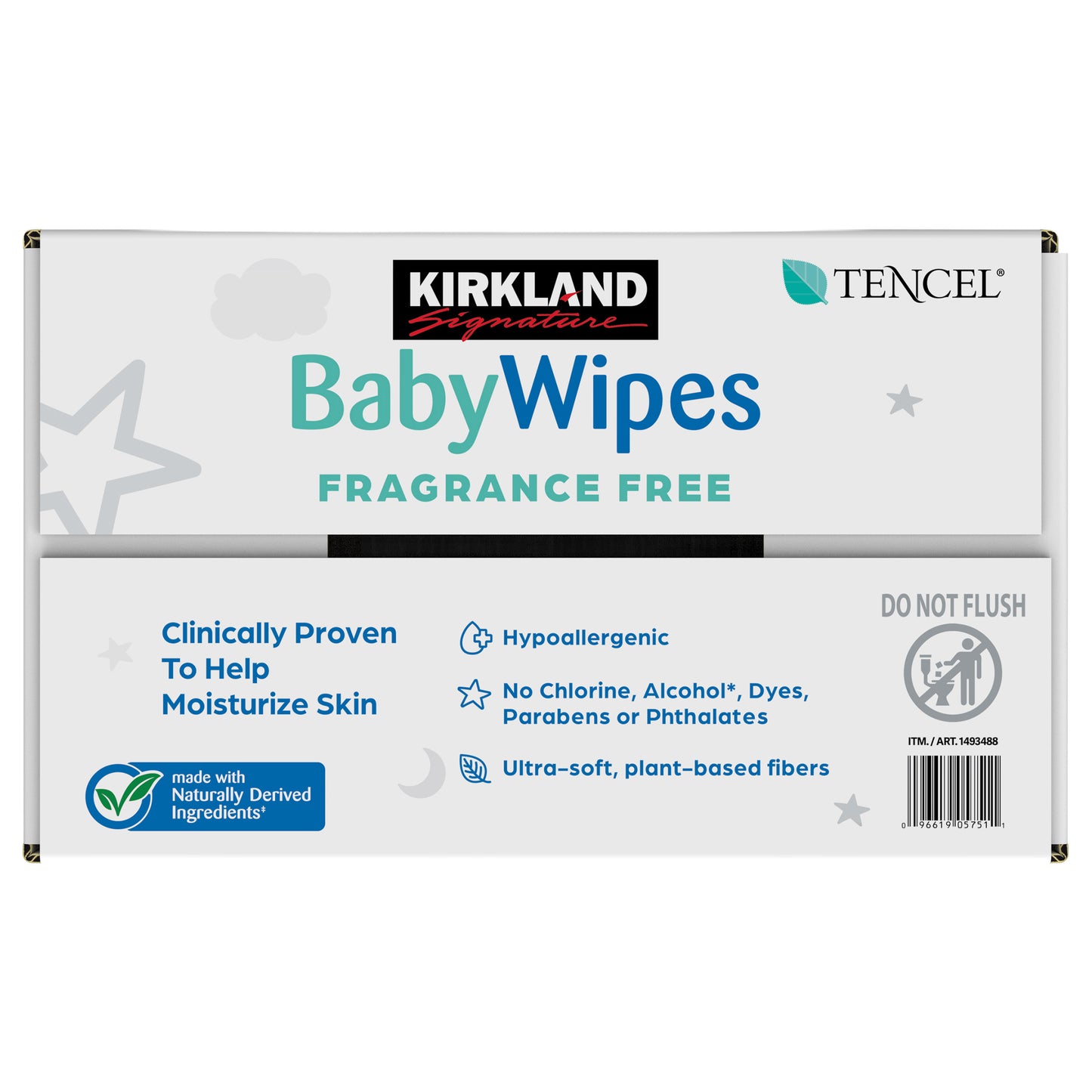 KIRKLAND SIGNATURE FRAGRANCE FREE BABY WIPES, 900CT • 9 FLIPTOP PKS: 100 WIPES • TENCEL FIBER • FRAGRANCE FREE • ECZEMA ASSOC. ACCEPTED • HYPOALLERGENIC • NO PARABENS