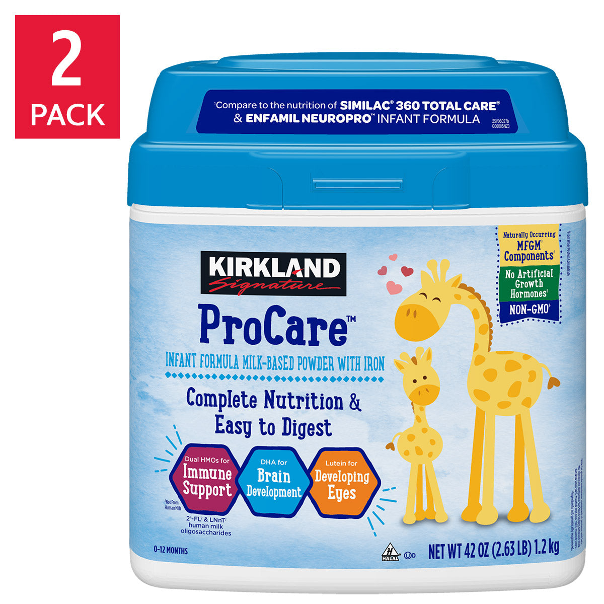 KIRKLAND SIGNATURE PROCARE INFANT FORMULA DUAL HMO, NON-GMO 420Z • 2'-FL AND LNAt HMOS • NON GMO • MILK BASED POWDER W/ IRON • NO ART. GROWTH HORMONES • DHA & LUTEIN SUPPORT •CERTIFIED KOSHER & HALAL