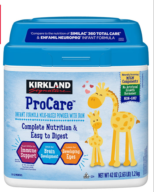 KIRKLAND SIGNATURE PROCARE INFANT FORMULA DUAL HMO, NON-GMO 420Z • 2'-FL AND LNAt HMOS • NON GMO • MILK BASED POWDER W/ IRON • NO ART. GROWTH HORMONES • DHA & LUTEIN SUPPORT •CERTIFIED KOSHER & HALAL