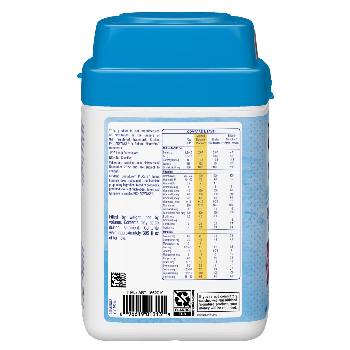 KIRKLAND SIGNATURE PROCARE INFANT FORMULA DUAL HMO, NON-GMO 420Z • 2'-FL AND LNAt HMOS • NON GMO • MILK BASED POWDER W/ IRON • NO ART. GROWTH HORMONES • DHA & LUTEIN SUPPORT •CERTIFIED KOSHER & HALAL
