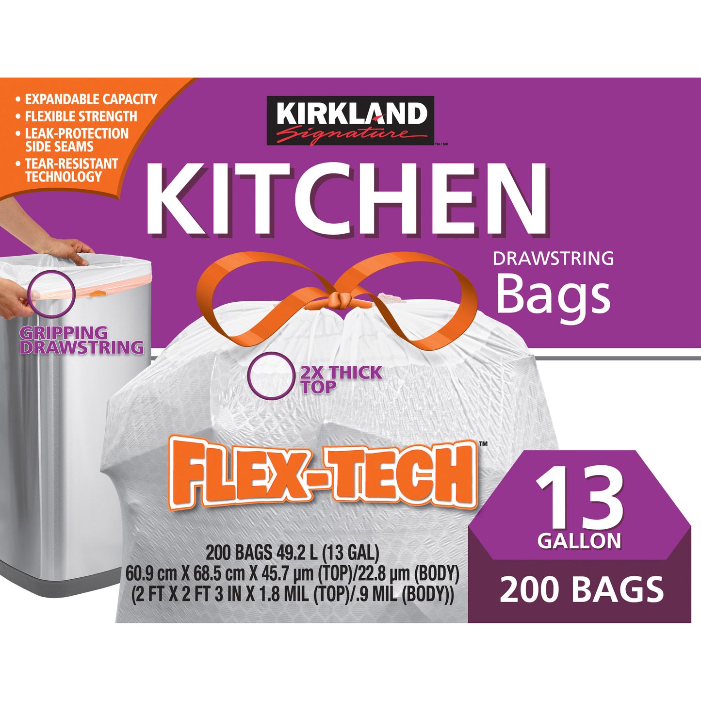 KIRKLAND SIGNATURE FLEX-TECH KITCHEN BAGS 200 CT/13 GAL