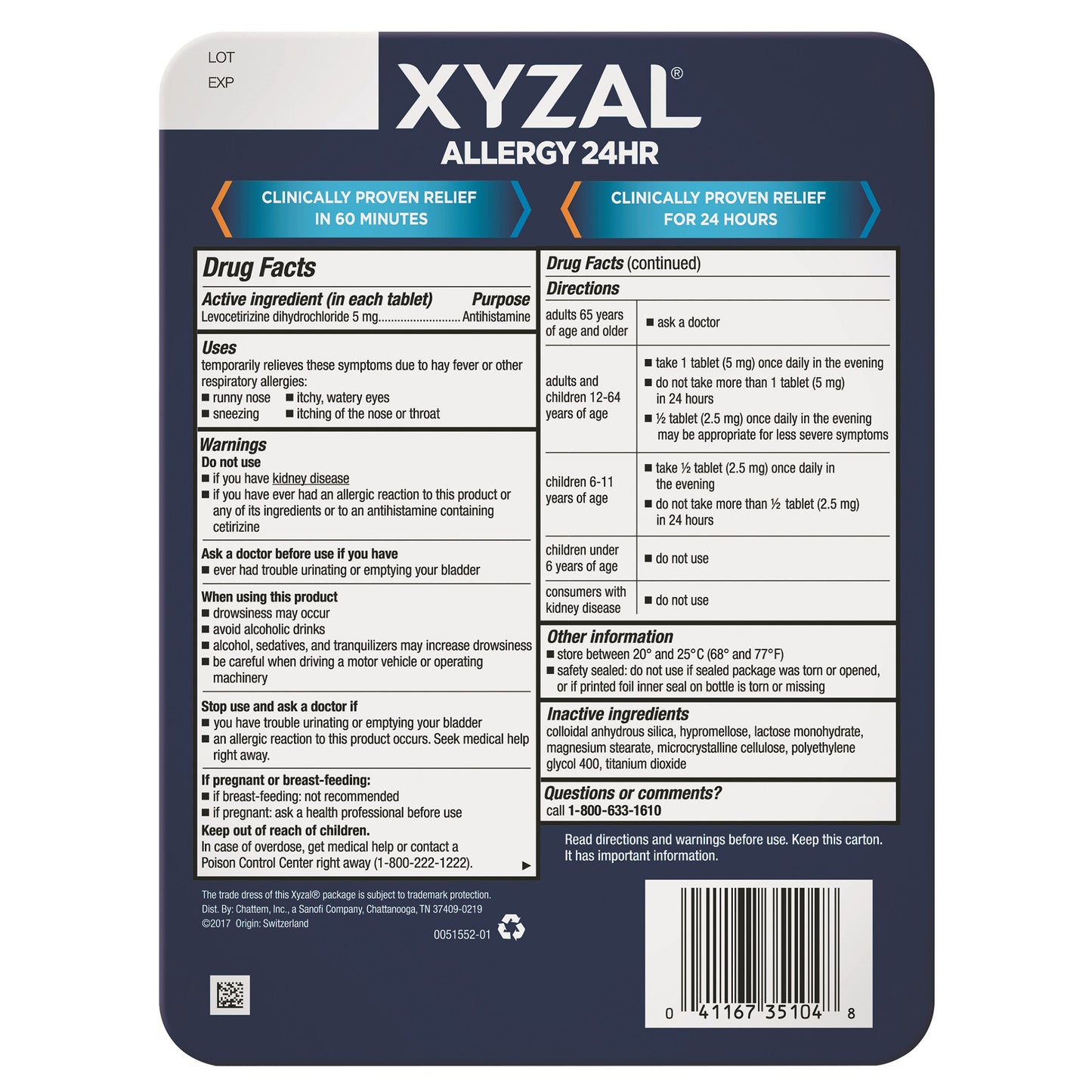 XYZAL ALLERGY 24HR. TABLETS 110 COUNT