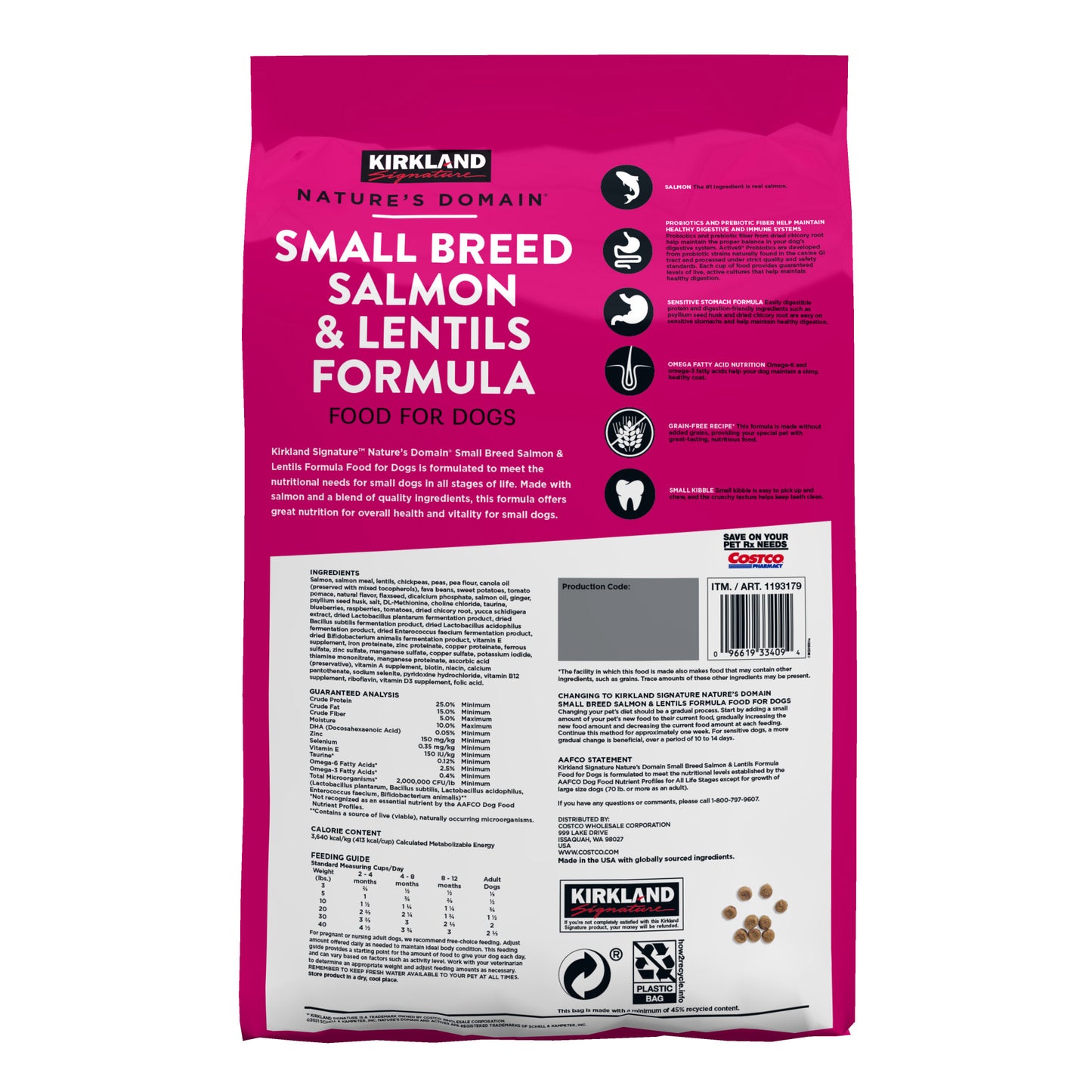 KIRKLAND SIGNATURE SALMON & LENTIL SM BREED DOG FD 20 LB