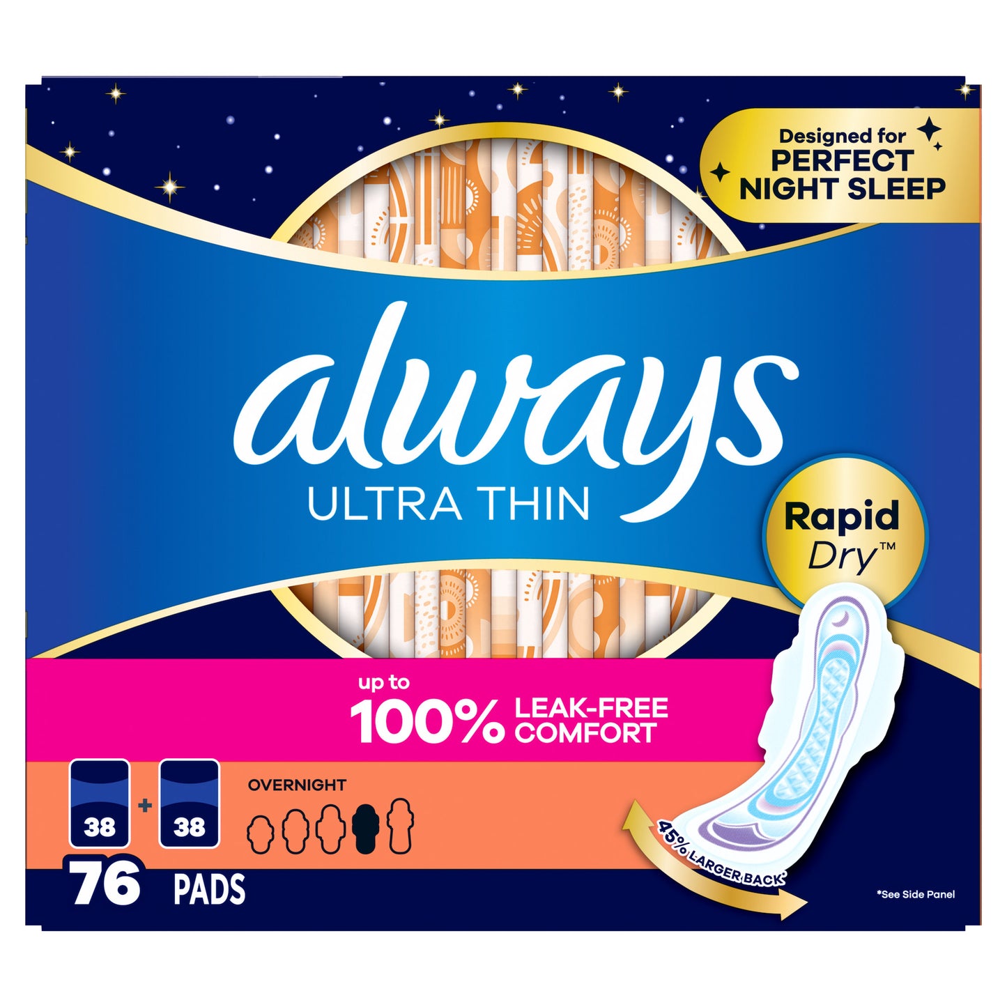 ALWAYS ULTRA THIN ADVANCED 76CT OVERNAGHT PADS? • LEAKGUARD CORE • LONG PAD & FLEXIWING • ODOR LOCK PROTECTION • FSA/HSA ELIGIBLE