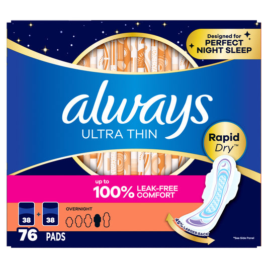 ALWAYS ULTRA THIN ADVANCED 76CT OVERNAGHT PADS? • LEAKGUARD CORE • LONG PAD & FLEXIWING • ODOR LOCK PROTECTION • FSA/HSA ELIGIBLE