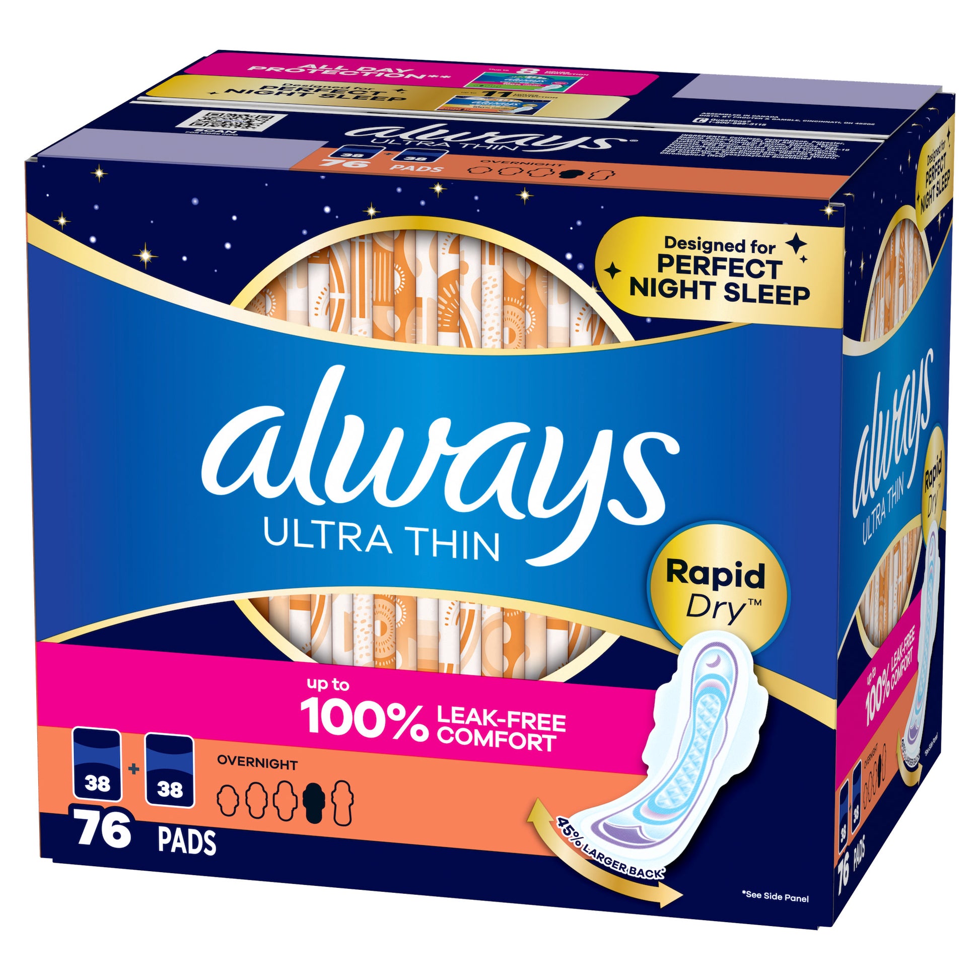 ALWAYS ULTRA THIN ADVANCED 76CT OVERNAGHT PADS? • LEAKGUARD CORE • LONG PAD & FLEXIWING • ODOR LOCK PROTECTION • FSA/HSA ELIGIBLE