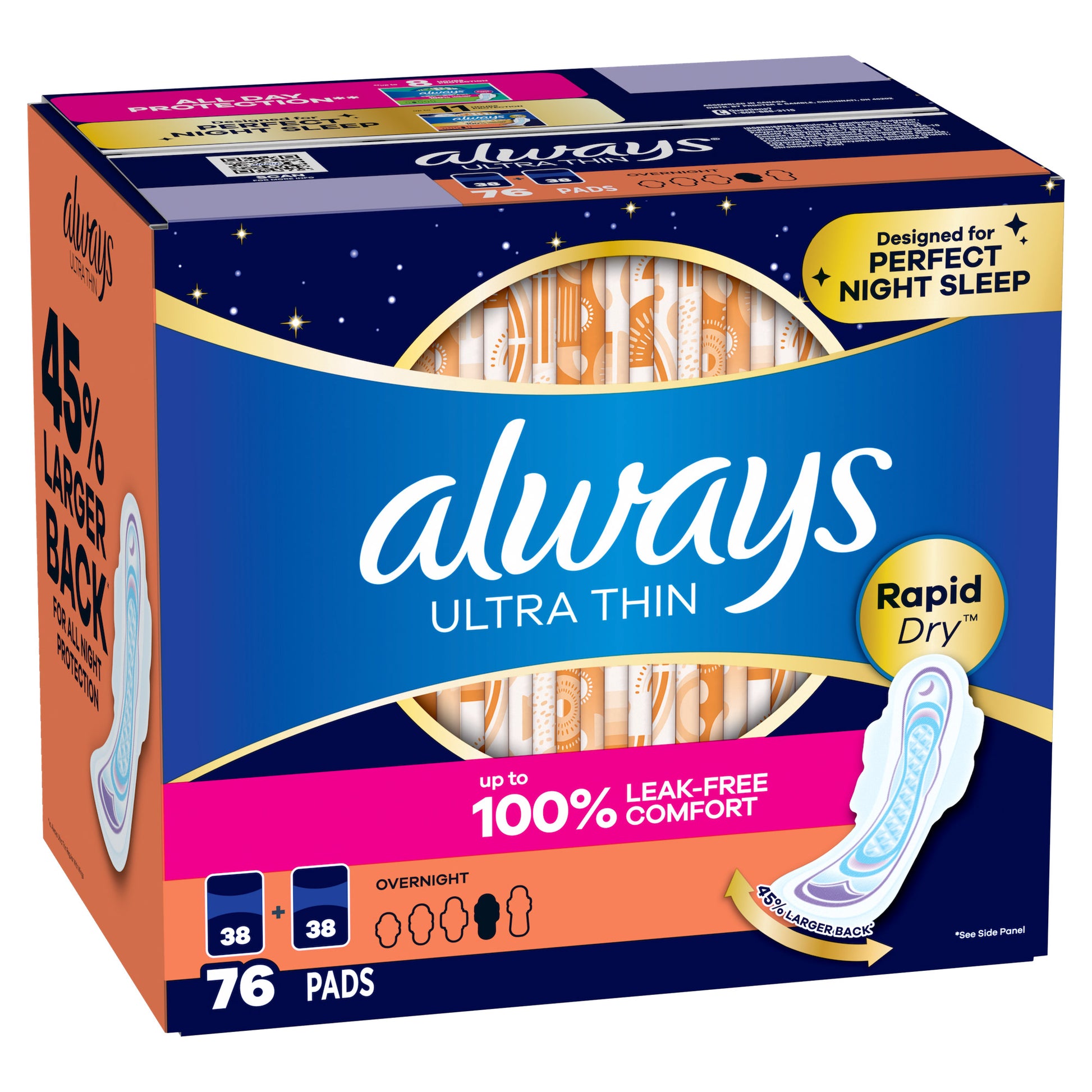 ALWAYS ULTRA THIN ADVANCED 76CT OVERNAGHT PADS? • LEAKGUARD CORE • LONG PAD & FLEXIWING • ODOR LOCK PROTECTION • FSA/HSA ELIGIBLE