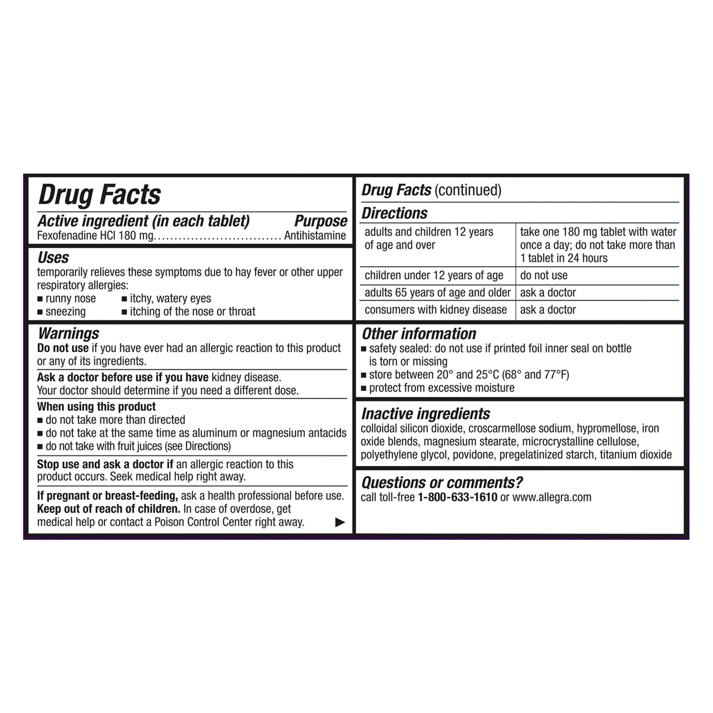 ALLEGRA ALLERGY 180MG 24 HOUR RELIEF TABLETS 110 CT