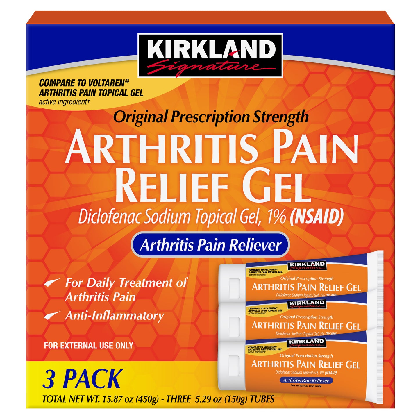 KIRKLAND SIGNATURE ARTHRITIS PAIN RELIEF GEL 3 X 5.29 OZ TUBES