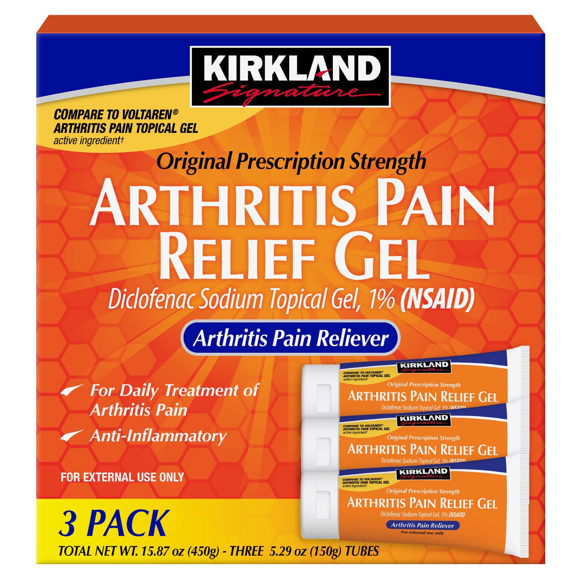 KIRKLAND SIGNATURE ARTHRITIS PAIN RELIEF GEL 3 X 5.29 OZ TUBES