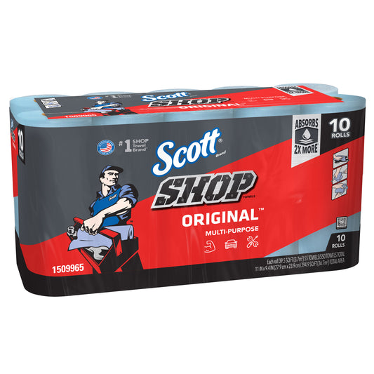 SCOTT BRAND SHOP TOWEL 10 PACK • ABSORBENT TOUGH TOWELS • ABSORBS GREASE AND OIL • EXTREMELY LOW LINT • 55 SHEETS PER ROLL • 10 ROLLS PER PACKAGE