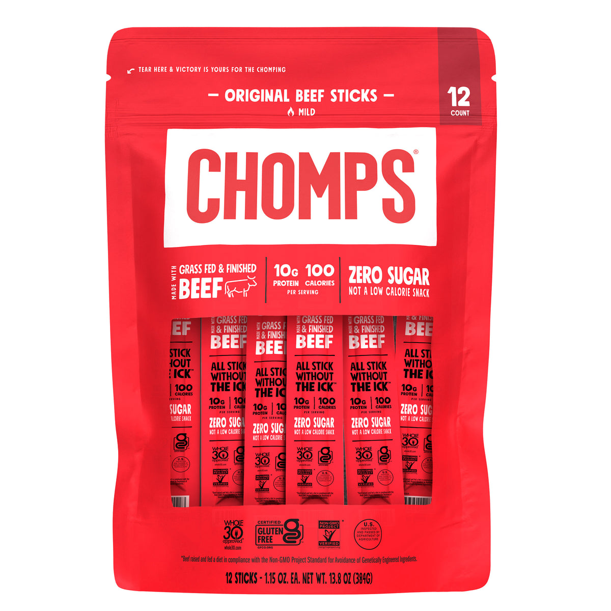 CHOMPS GRASS-FED SMOKEY BBQ BEEF STICKS 12/1.15 OZ