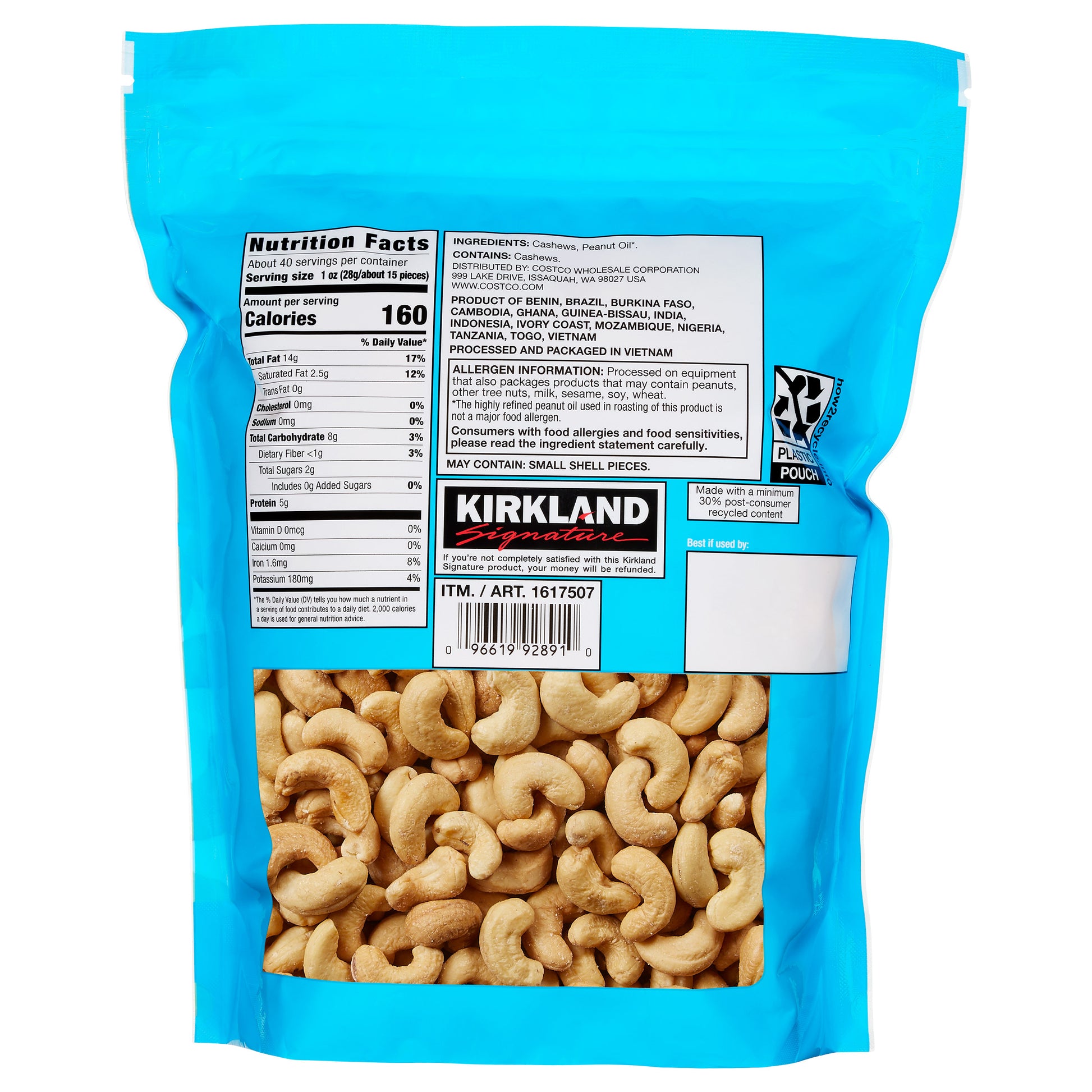 KIRKLAND SIGNATURE UNSALTED CASHEWS 40 OZ