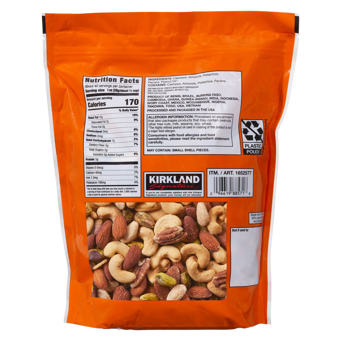 KIRKLAND SIGNATURE UNSALTED MIXED NUTS 40 OZ