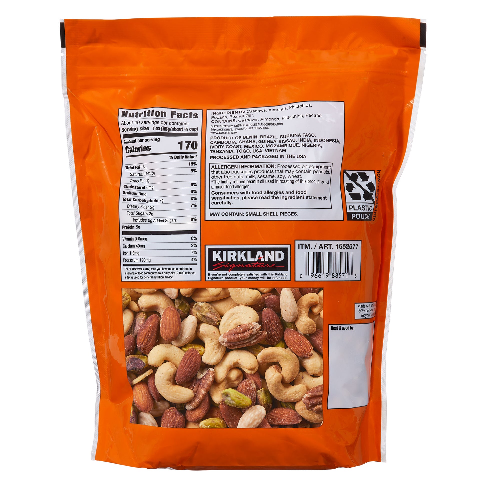 KIRKLAND SIGNATURE UNSALTED MIXED NUTS 40 OZ