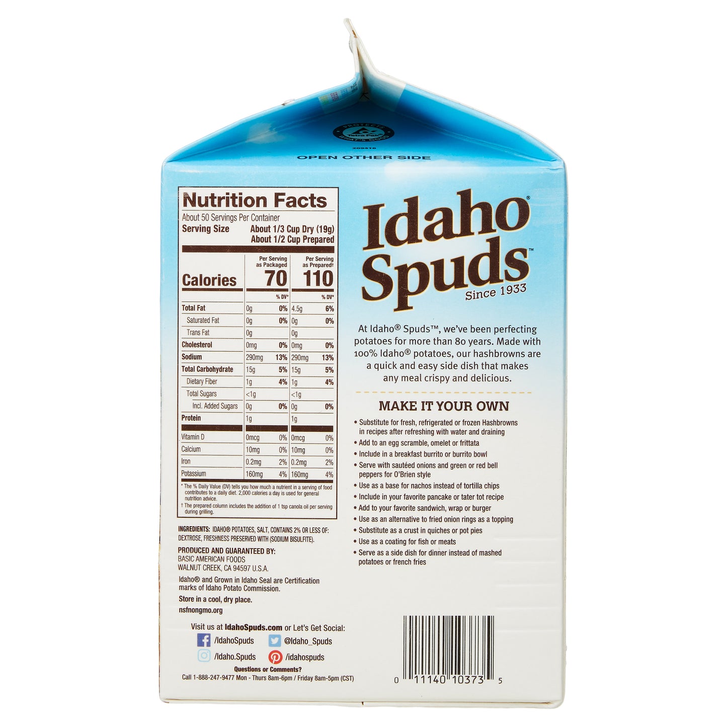 IDAHO SPUDS HASHBROWN POTATOES 8/4.2 OZ