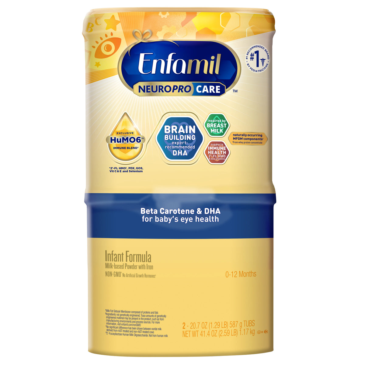 ENFAMIL NEUROPRO CARE INFANT FORMULA • 2' - FL HMO 20.7 OZ, 2-РACK • BETA CAROTENE, DHA, MFGM • MILK BASED POWDER • NON GMO • HuM06 IMMUNE BLEND