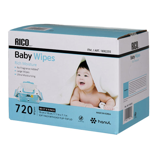 RICO NO FRAGRANCE ADDED BABY WIPES - 720CT • 9 FLIPTOP PKS: 80 WIPES • LARGE WIPES • NO FRAGRANCE ADDED • GENTLE FORMULA • ULTRAMOISTURIZING • NO PARABENS