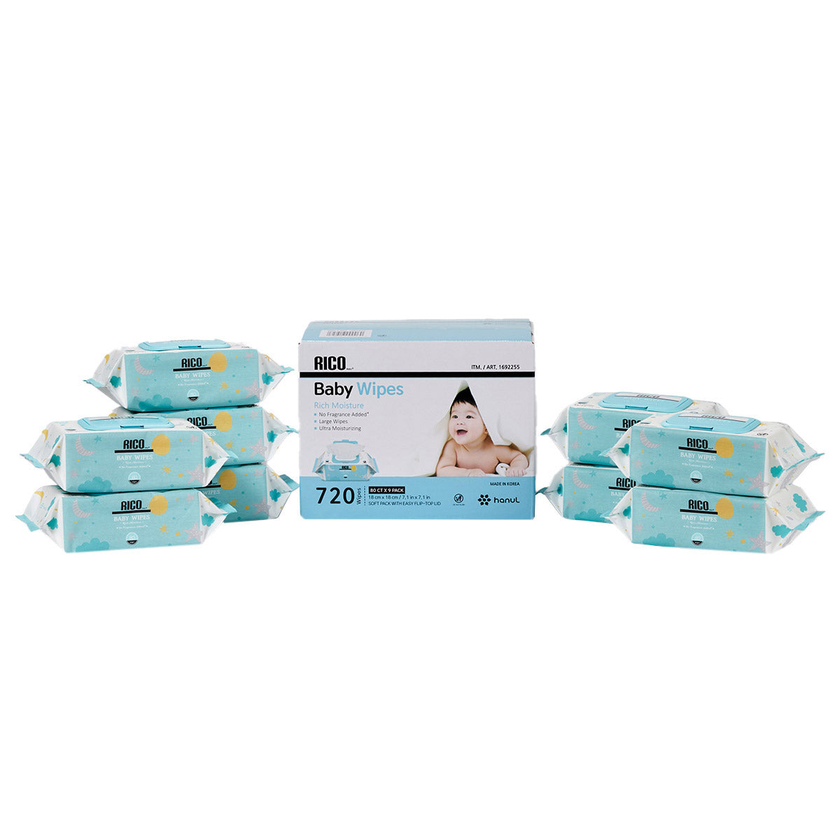 RICO NO FRAGRANCE ADDED BABY WIPES - 720CT • 9 FLIPTOP PKS: 80 WIPES • LARGE WIPES • NO FRAGRANCE ADDED • GENTLE FORMULA • ULTRAMOISTURIZING • NO PARABENS