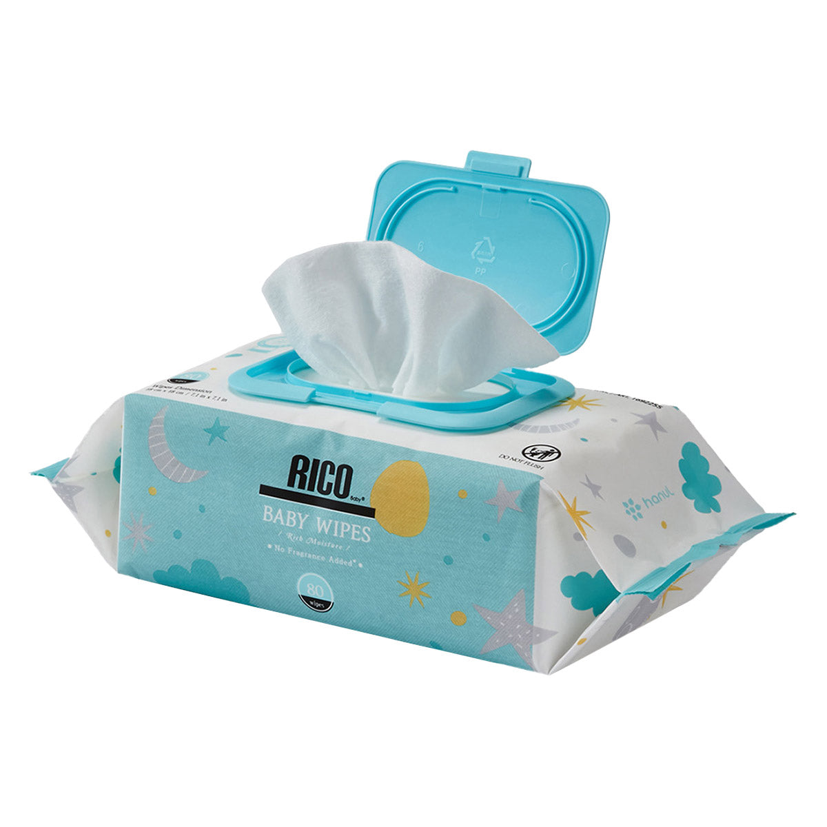 RICO NO FRAGRANCE ADDED BABY WIPES - 720CT • 9 FLIPTOP PKS: 80 WIPES • LARGE WIPES • NO FRAGRANCE ADDED • GENTLE FORMULA • ULTRAMOISTURIZING • NO PARABENS