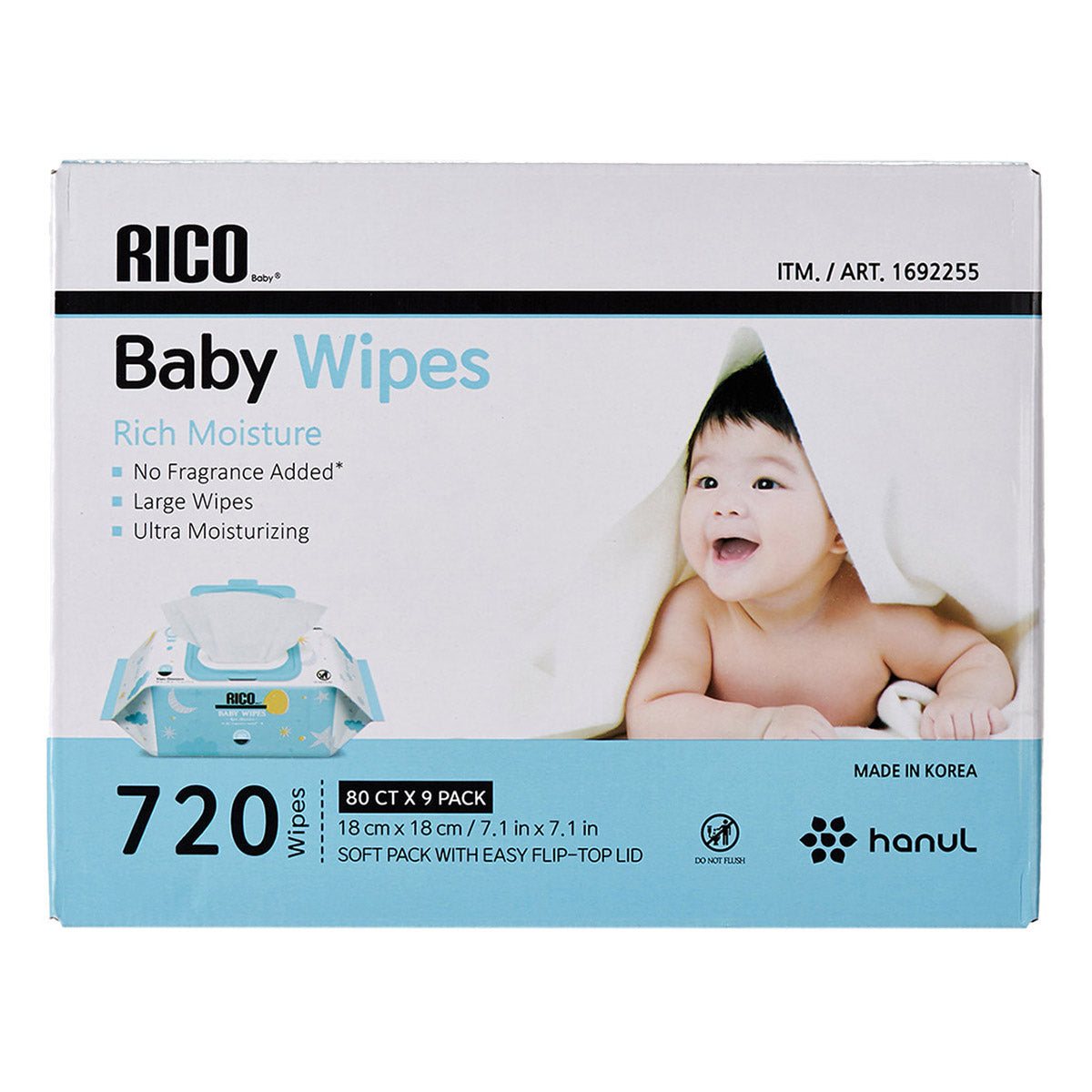RICO NO FRAGRANCE ADDED BABY WIPES - 720CT • 9 FLIPTOP PKS: 80 WIPES • LARGE WIPES • NO FRAGRANCE ADDED • GENTLE FORMULA • ULTRAMOISTURIZING • NO PARABENS