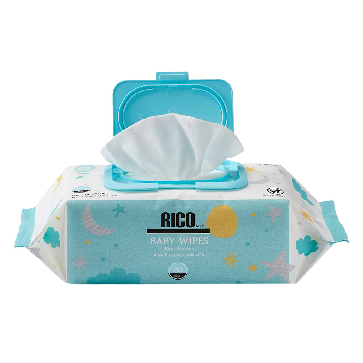 RICO NO FRAGRANCE ADDED BABY WIPES - 720CT • 9 FLIPTOP PKS: 80 WIPES • LARGE WIPES • NO FRAGRANCE ADDED • GENTLE FORMULA • ULTRAMOISTURIZING • NO PARABENS