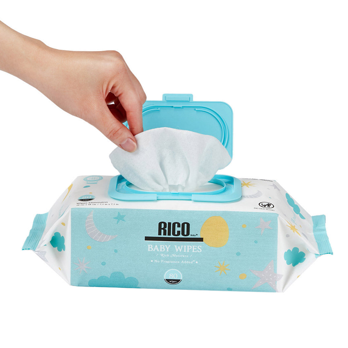 RICO NO FRAGRANCE ADDED BABY WIPES - 720CT • 9 FLIPTOP PKS: 80 WIPES • LARGE WIPES • NO FRAGRANCE ADDED • GENTLE FORMULA • ULTRAMOISTURIZING • NO PARABENS