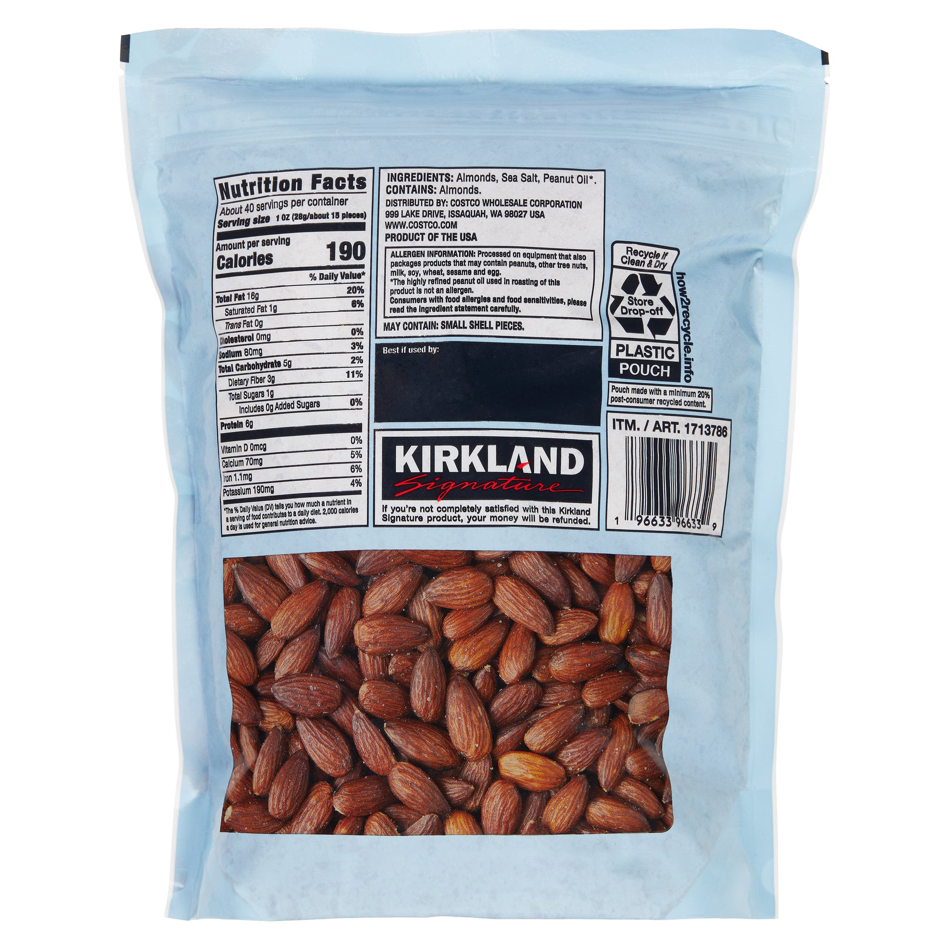 KIRKLAND SIGNATURE OIL ROASTED ALMONDS 40 OZ