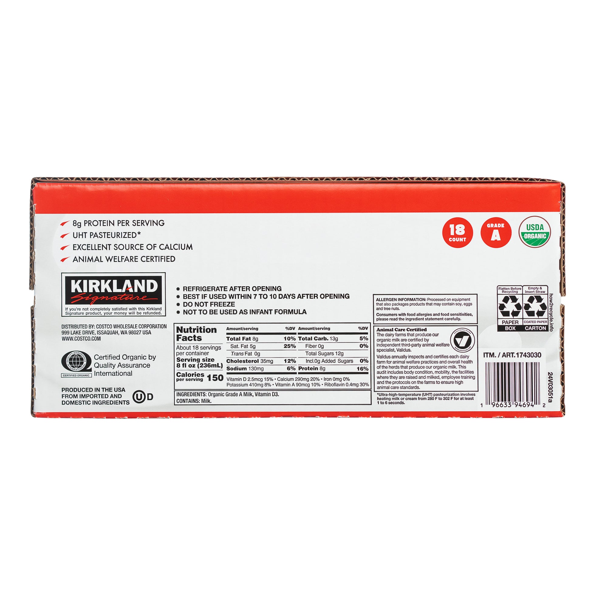 KIRKLAND SIGNATURE ORGANIC WHOLE MILK 18/8 OZ
