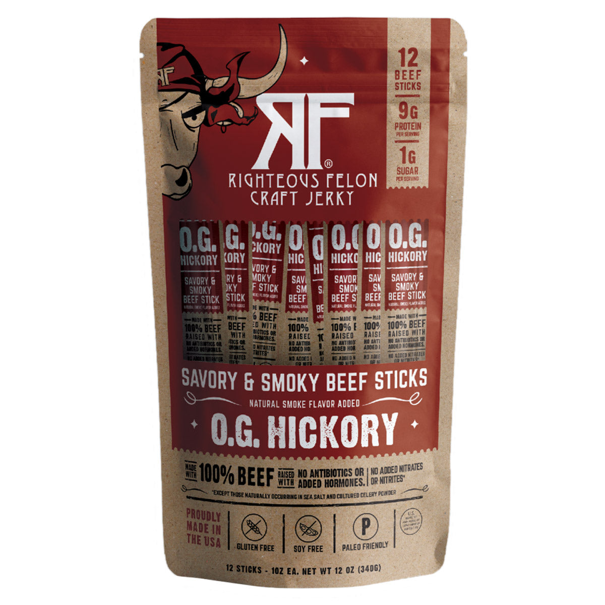 RIGHTEOUS FELON O.G. HICKORY BEEF STICKS 12/ 1 OZ