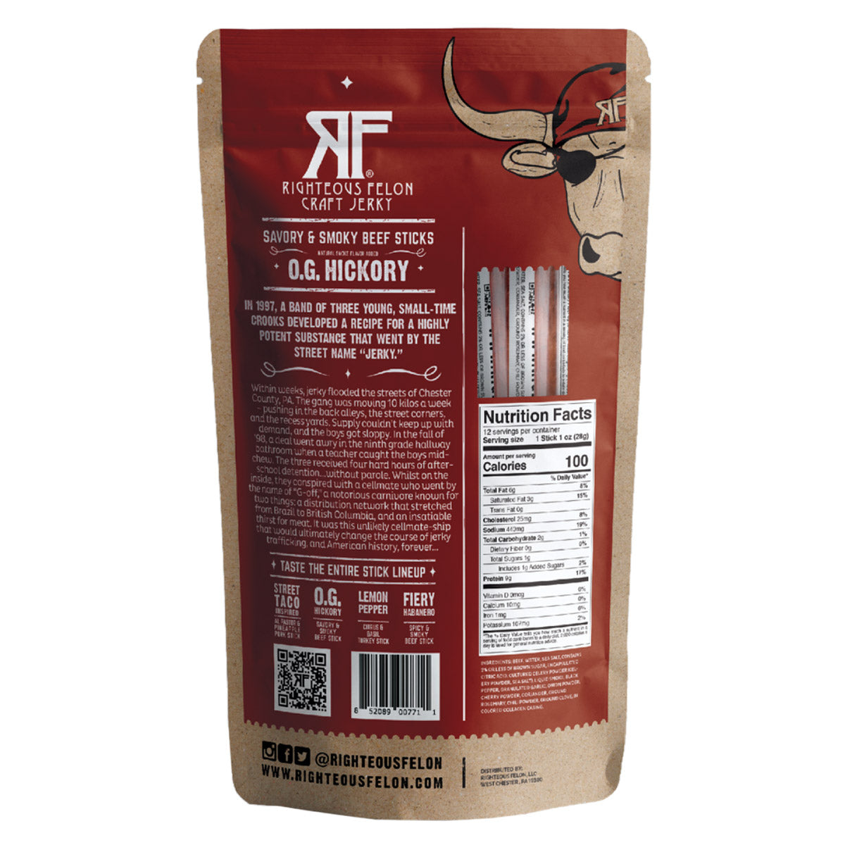 RIGHTEOUS FELON O.G. HICKORY BEEF STICKS 12/ 1 OZ