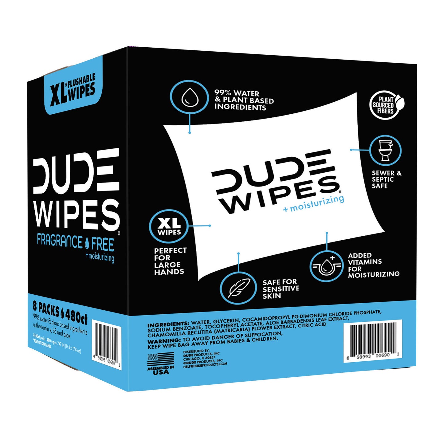 DUDE WIPES XL FRAGRANCE-FREE + MOISTURIZING 480CT