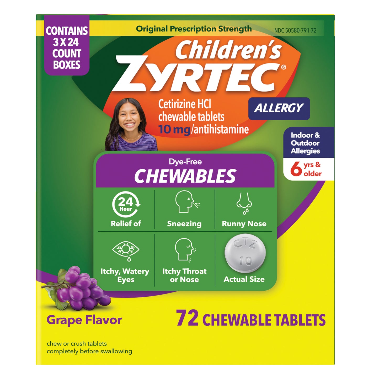CHILDREN'S ZYRTEC CHEWABLE TABLETS 10MG DYE-FREE 72CT