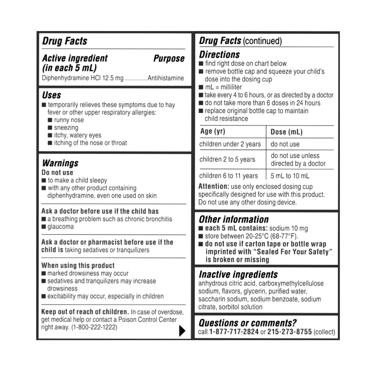 CHILDREN'S BENADRYL ALLERGY LIQUID DYE-FREE 2X8 OUNCE