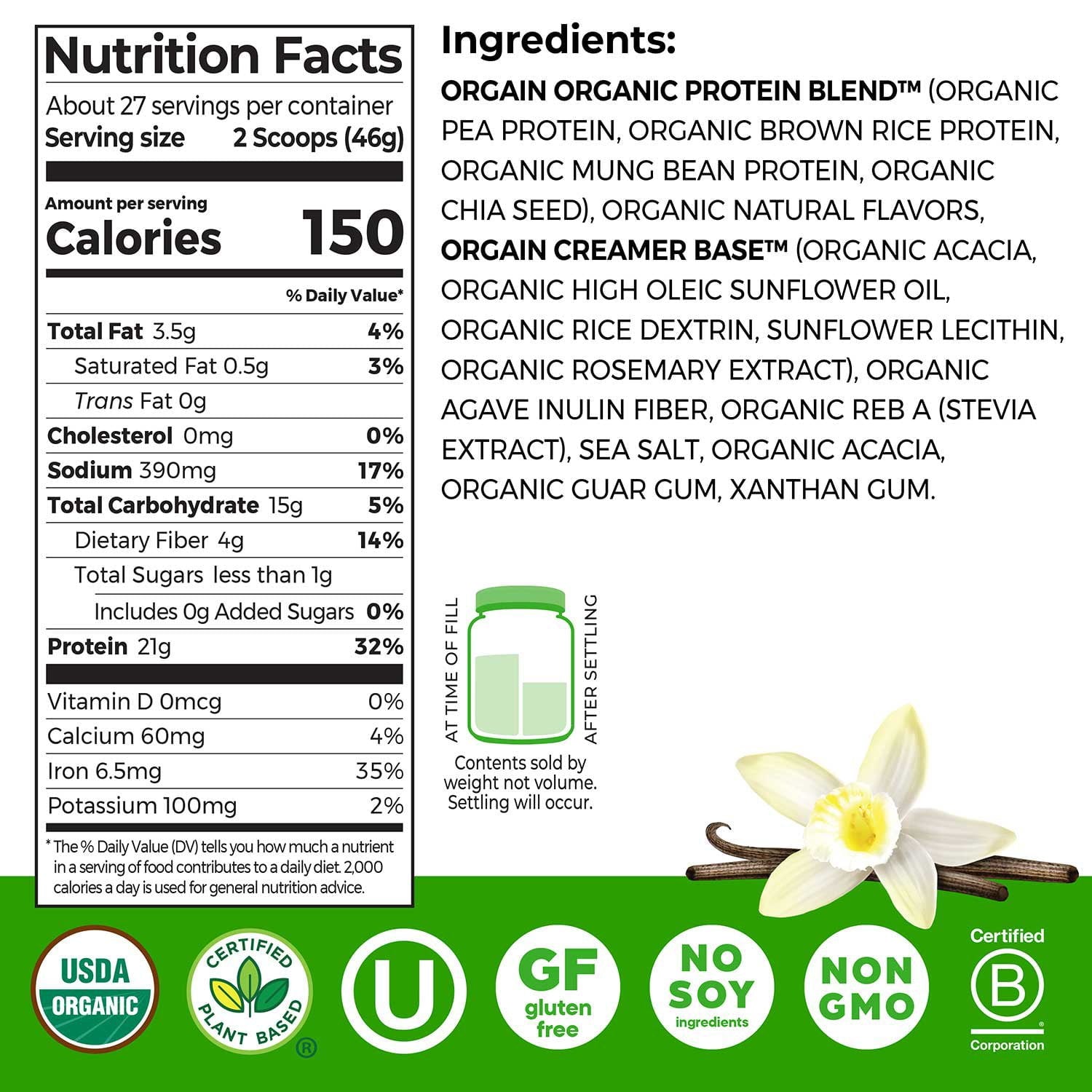 Orgain Organic 21g Plant-Based Protein Powder, Vanilla Bean 2.74 lbs.