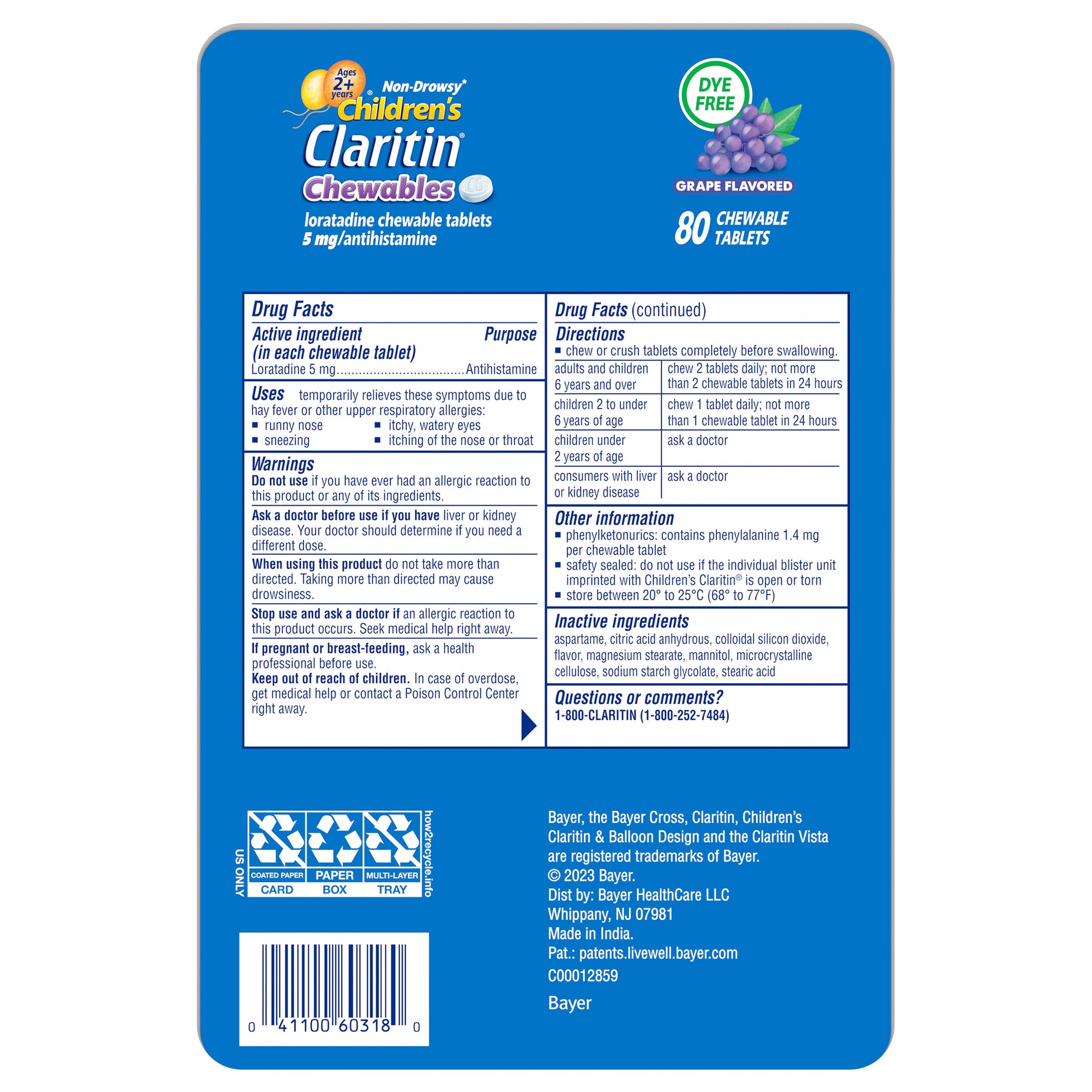 CLARITIN CHILDREN'S DYE-FREE CHEWABLE 5MG GRAPE TABLET 80 COUNT
