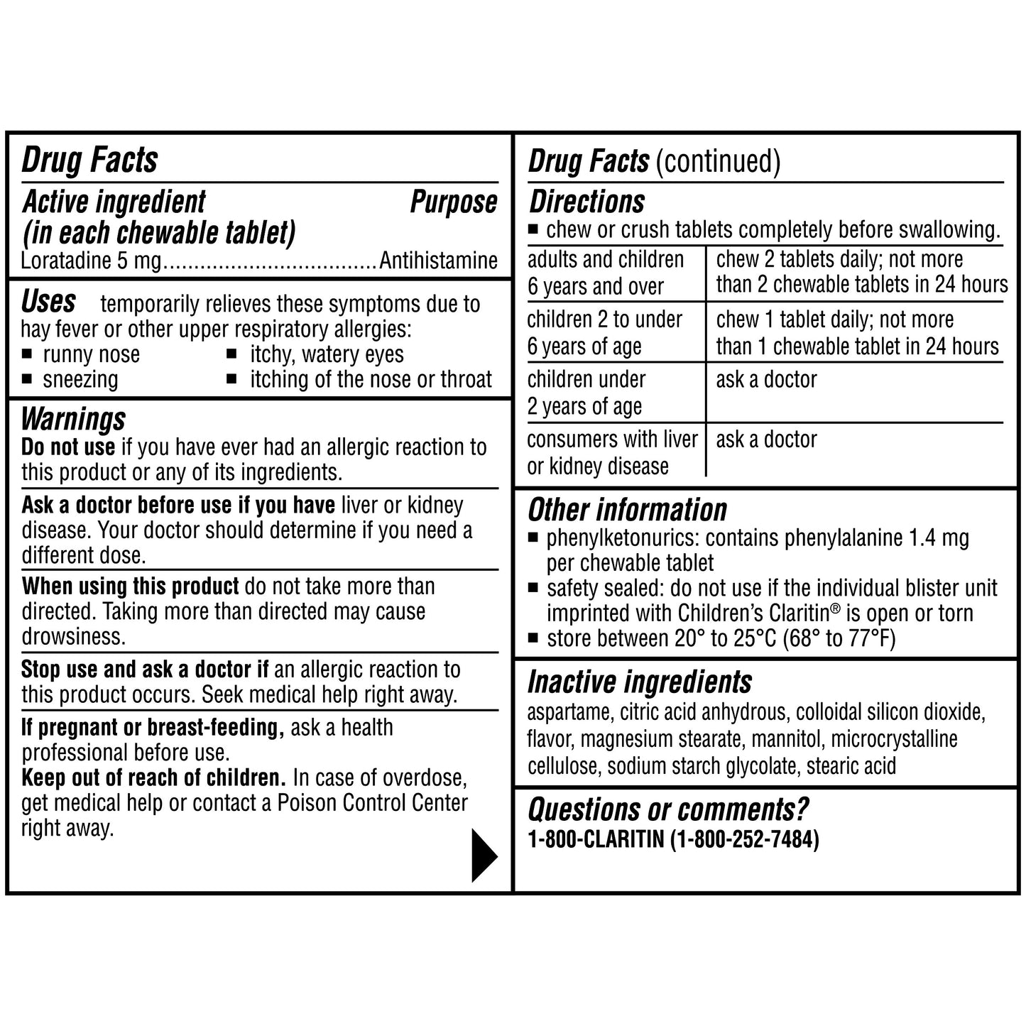 CLARITIN CHILDREN'S DYE-FREE CHEWABLE 5MG GRAPE TABLET 80 COUNT