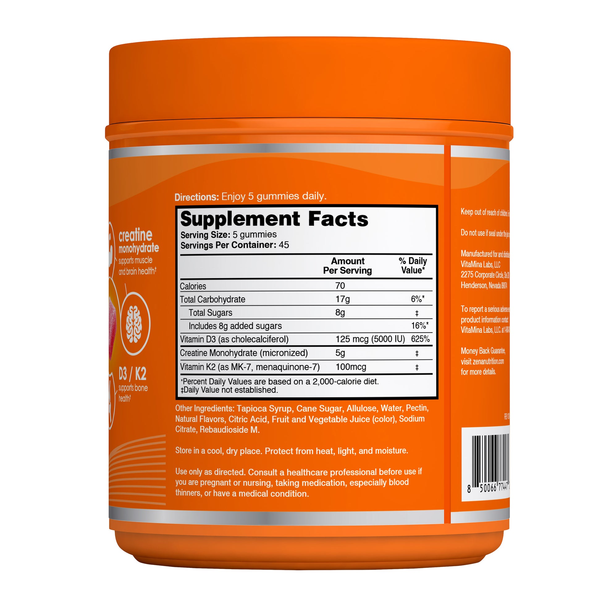 ZENA MONOHYDRATE CREATINE + D3/K2 GUMMIES 225CT