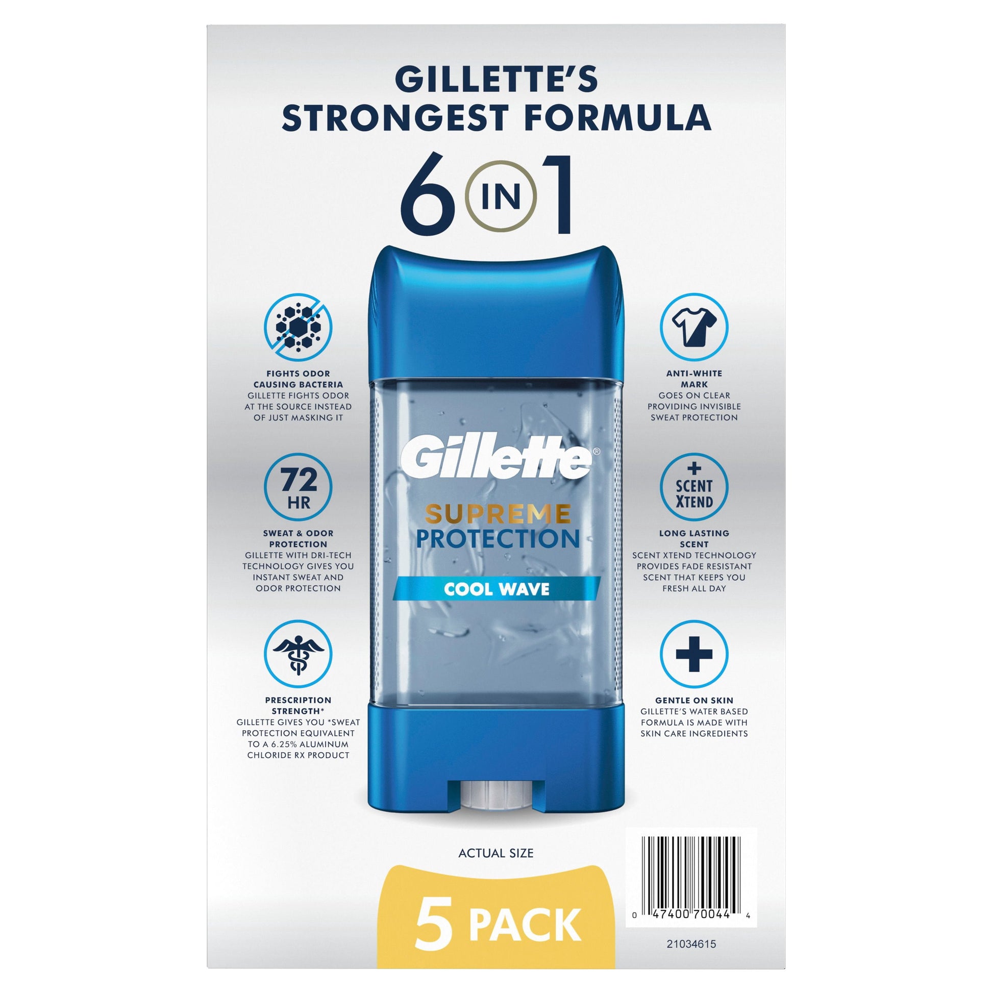 Gillette Supreme Maximum Strength Protection Men's Deodorant Clear Gel Antiperspirant, Cool Wave, 3.8 oz., 5 pk.