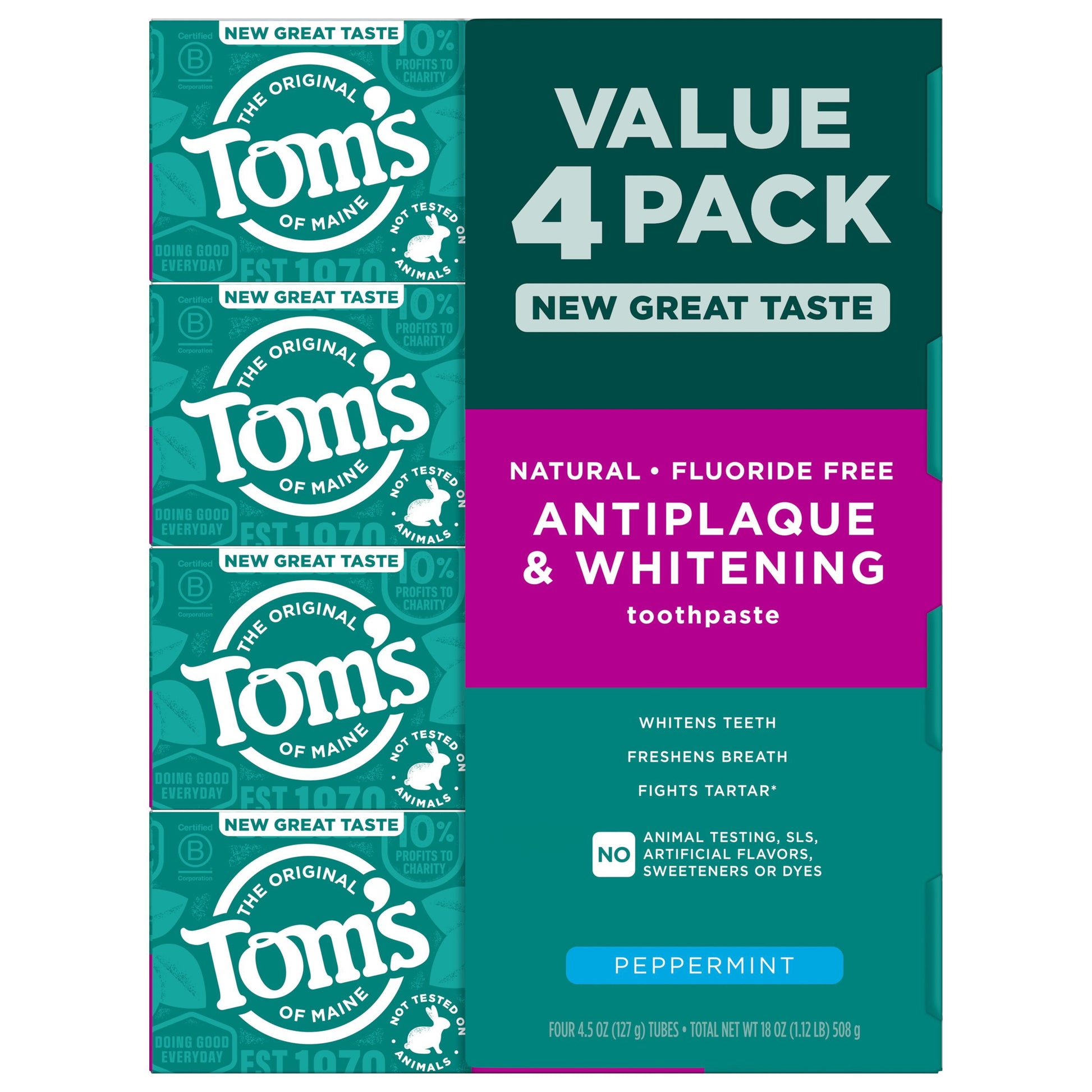 Tom's of Maine Fluoride-Free Antiplaque & Whitening Toothpaste, 4.5 oz., 4 pk.