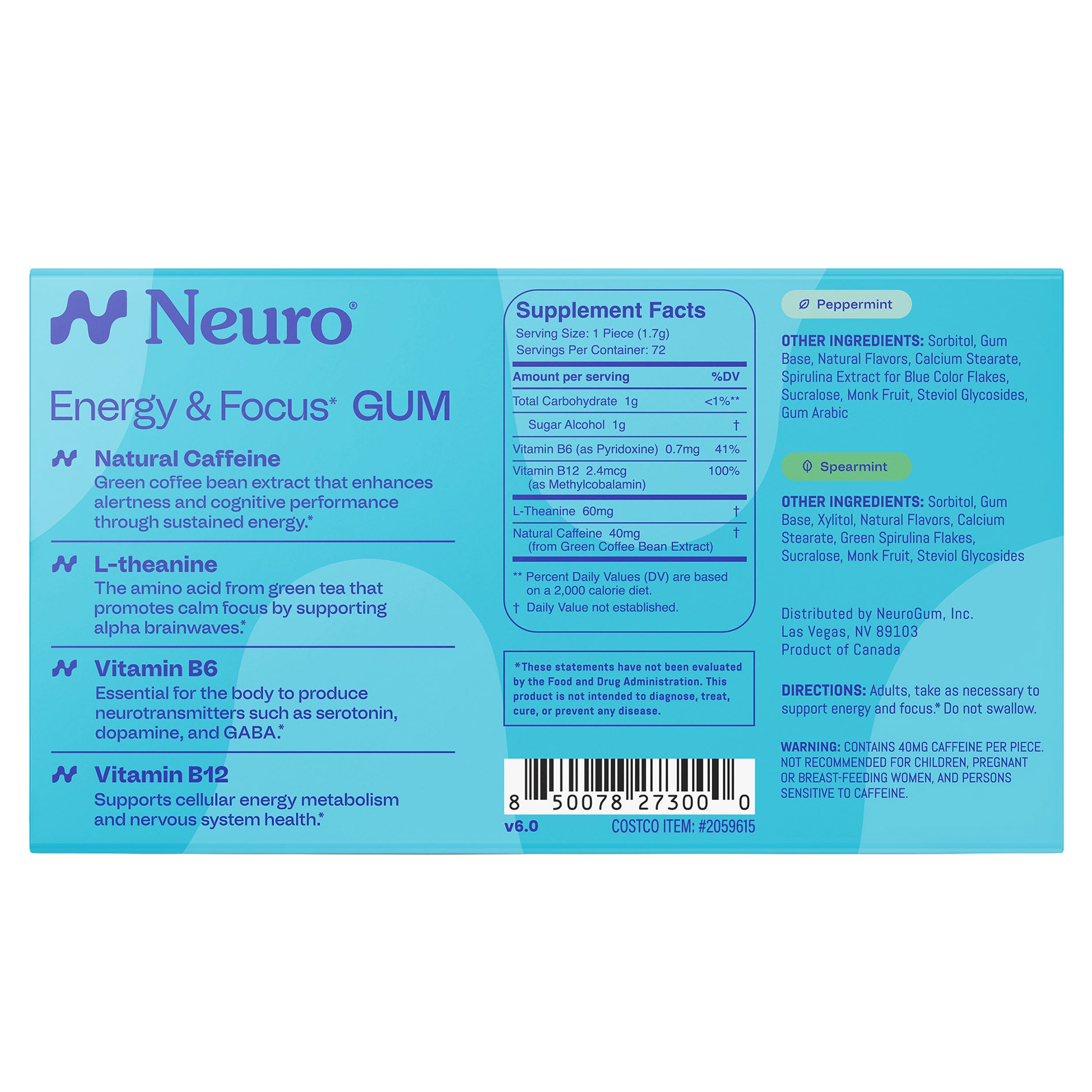 NEURO ENERGY AND FOCUS GUM, MINT VARIETY PEPPERMINT & SPEARMINT