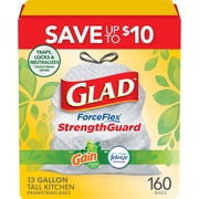 Glad® ForceFlex Tall Kitchen Drawstring Trash Bags, Gain Original scent with Febreze Freshness, 13 Gallon, 160 ct.
