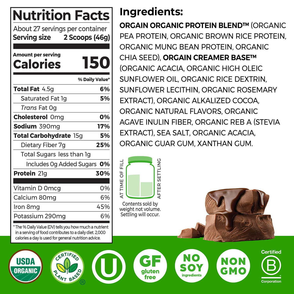 Orgain Organic 21g Plant-Based Protein Powder, Creamy Chocolate Fudge 2.74 lbs.