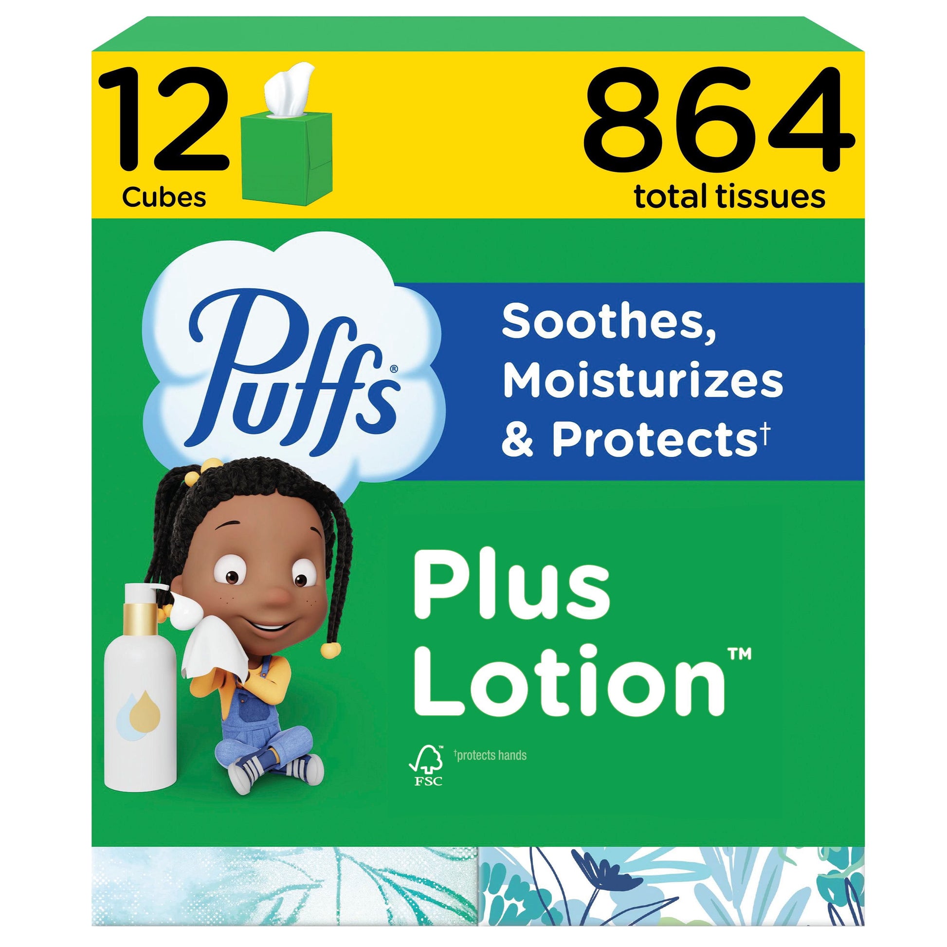 Puffs Plus Lotion 2-Ply Facial Tissues 12 Cube Boxes, 72 tissues/box
