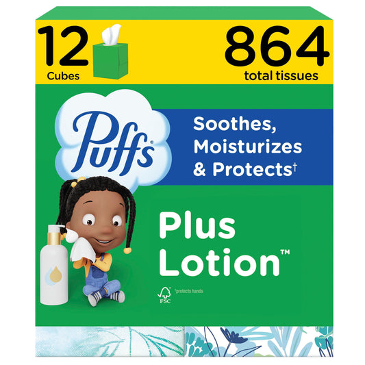 Puffs Plus Lotion 2-Ply Facial Tissues 12 Cube Boxes, 72 tissues/box